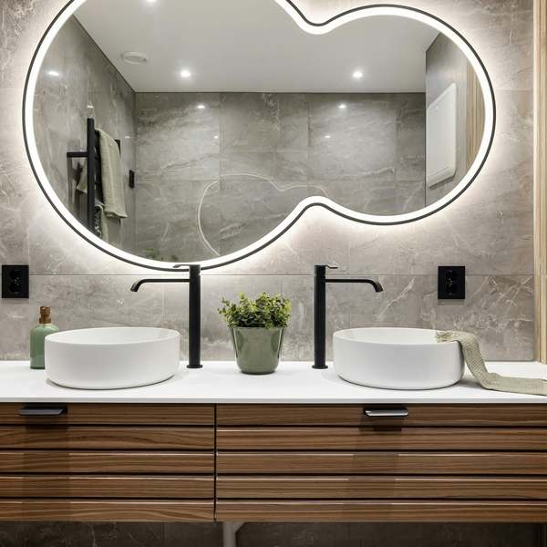 Walnut double vanity with two round white basins, black taps and a backlit mirror on grey stone-effect tiles